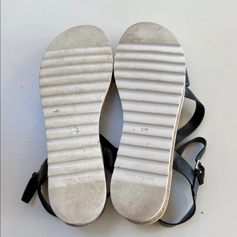 Marc Fisher Grandie Black Faux Leather Wedge Sandals Shoes Womens Size 9.5 - Picture 9 of 11